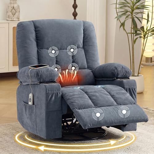 Swivel Rocker Recliner Chair with Vibration Massage and Heat Ergonomic Lounge Chair for Living Room with Rocking Function and Side Pocket, 2 Cup Holders, USB Charge Port