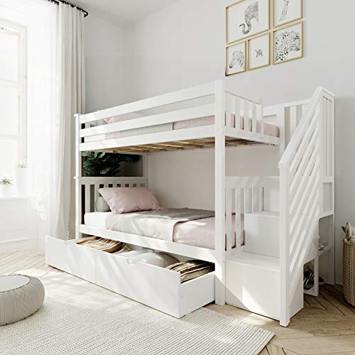 Max & Lily Twin Bunk Bed with Staircase and Storage Drawers, Underbed, White Max & Lily