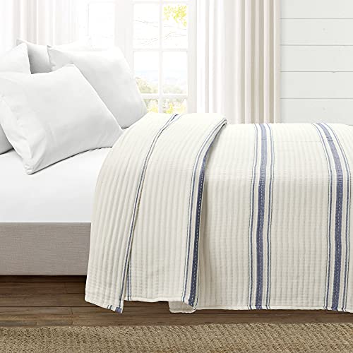 Lush Decor Farmhouse Stripe Kantha Pick Stitch Cotton Quilt/Coverlet Single Full/Queen, Navy - Striped Bedding Queen Quilt - Queen Blanket For Bed Lush Decor