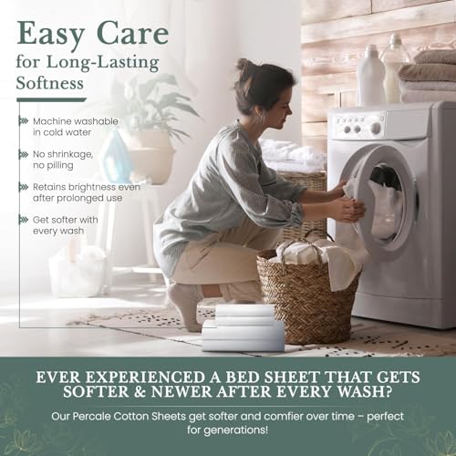 Feather & Stitch Softest 100% Cotton Sheets, 300 Thread Count Percale Weave Bedding, 16" Deep Pocket, Cooling Sheets, Breathable Bed Set, Hotel Premium Quality (Queen, White) FEATHER & STITCH NEW YORK