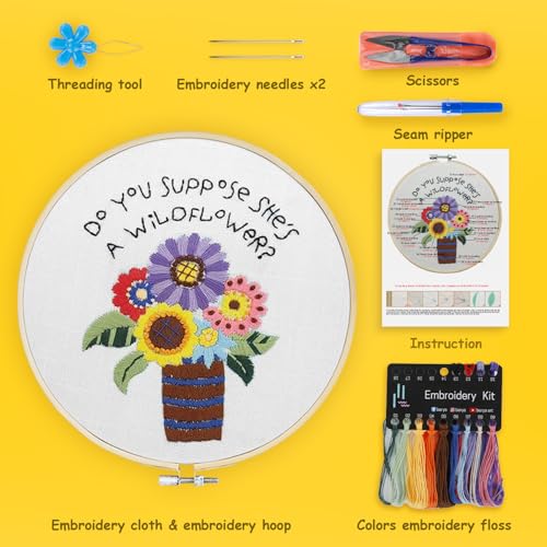 BERYA Flowers Embroidery Kit Including Video Step by Step Instructions,Embroidery Hoop,Color Threads and Embroidery Scissors for Beginners-Handmade Needlepoint Kits for Adults