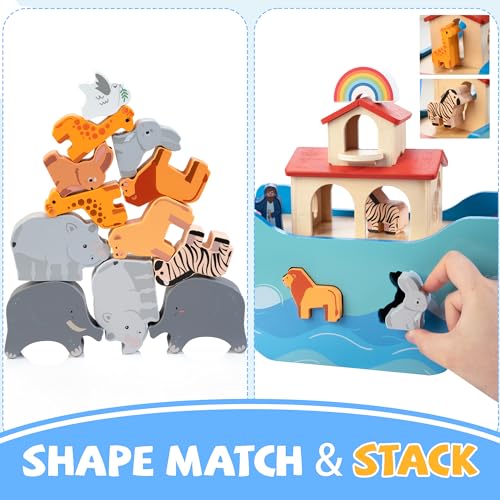 JUSTWOOD Wooden Noah's Ark Toy Animal Play Set, Bible Story Toys Baptism Gift for Boys and Girls Age 1+ Years, Baby Shape Sorter Toy JUSTWOOD