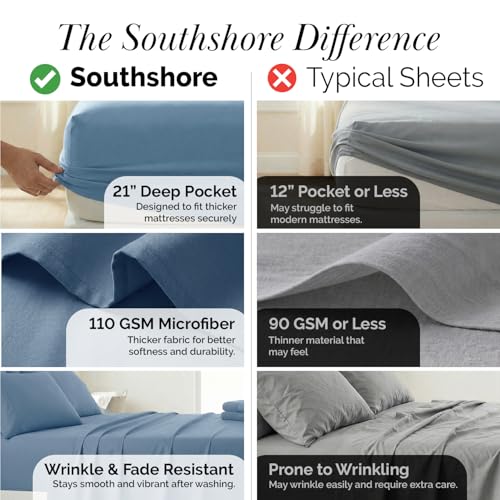 Southshore Fine Living, Inc. 6 Piece, 21 Inch Extra Deep Pocket King Sheet Set, Pet Hair Resistant Bedding w/ 4 Pillow Cases, Blue King Sheets Deep Pocket Set, Easy Care, Coronet Blue Sheets Southshore Fine Living, Inc.