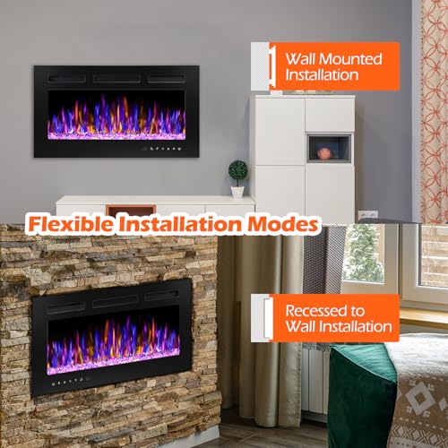 BETELNUT 30" Electric Fireplace Wall Mounted and Recessed with Remote Control, 750/1500W Ultra-Thin Wall Fireplace Heater W/Timer Adjustable Flame Color and Brightness, Log Set & Crystal Options BETELNUT