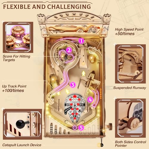 DIY Miniature Pinball Machine Kits, 3D Wooden Puzzles for Adults, Wooden Models for Adults to Build, Fun Toys Gifts for Ages 14+ Fuiltee