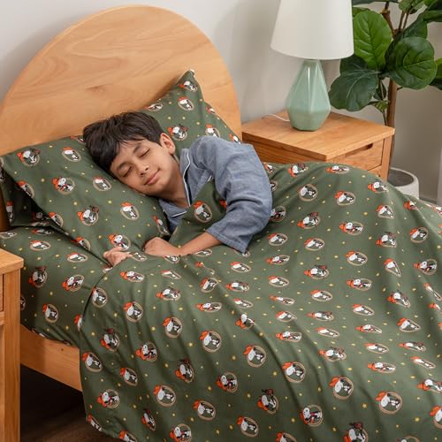 Berkshire Blanket Peanuts® Kids Sheet Set Queen Size - 4 Pieces,Cute Character Snoopy Printed Soft Microfiber Bed Sheets,Snoopy Giddy Up Cowboy Sheets Moss Berkshire Blanket