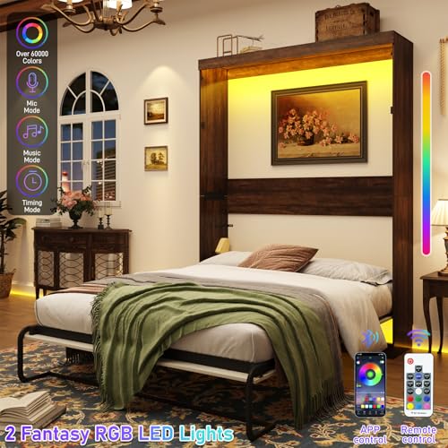 Hlivelood Full Size Murphy Bed with 2 LED Lights, Farmhouse Wood Hidden Foldable Wall Bed Frame w/Gas Struts, Storage Bed Cabinet for Bedroom, Office, Space-Saving, No Box Spring Needed, Rustic White Hlivelood