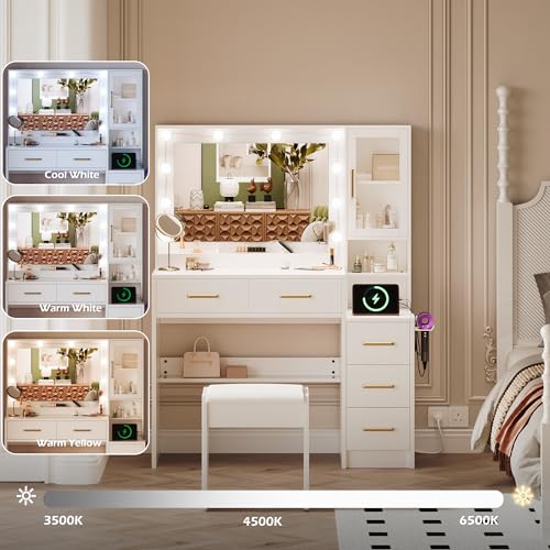 White Vanity Table with Drawer Dresser, Farmhouse Vanity Makeup Desk with Charging Station, Vanity Desk with Lights Mirror & Drawers for Makeup,Vanity Desk with Storage Shelf & 5 Drawers (Gold Handle) UGTOO