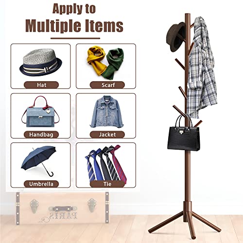 Haddockway Wooden Coat Rack Stand with 8 Hooks New Zealand Pine 3 Adjustable Coat Standing Tree Easy Assembly for Coats, Hats, Scarves and Handbags for Entryway, Hallway, Bedroom, Office Haddockway