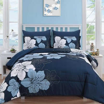 Luxudecor Navy Blue Comforter Set Full Size, 7 Pieces Bed in a Bag Navy Blue Floral Comforter and Sheet Set, Soft Microfiber Complete Bedding Sets for All Seasons