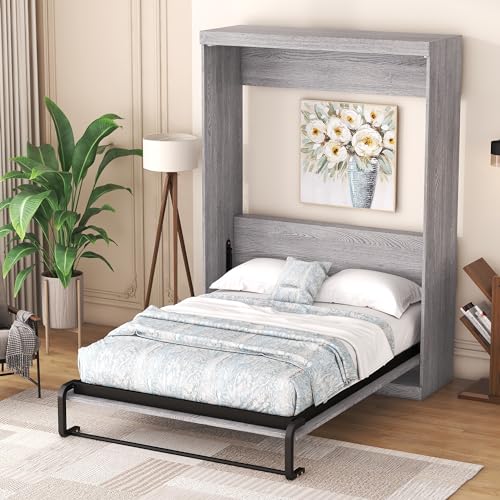 Ball & Cast Murphy Bed Full Size,Hideaway Beds Chest with Wardrobe,can be Folded,Wall Bedframe w/Wood Slat Support,No Box Spring Needed,for Bedroom Apartment,Grey Ball & Cast
