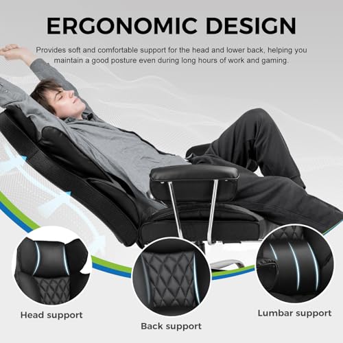 GTPLAYER Gaming Chair,Office Chair with Pocket Spring Lumbar Support, Ergonomic Comfortable Wide Office Desk Computer Chair with Outward Fixed Soft Armrests and Footrest (PU Leather, Black) GTPLAYER