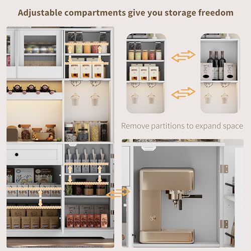 Gyfimoie 71" Pantry Cabinet with LED Light & Outlet, Kitchen Hutch Storage Cabinet with 6 Adjustable Shelves and 3 Hanging Rack Shelves,Food Pantry for Kitchen, Dining Room or Living Room, White Gyfimoie
