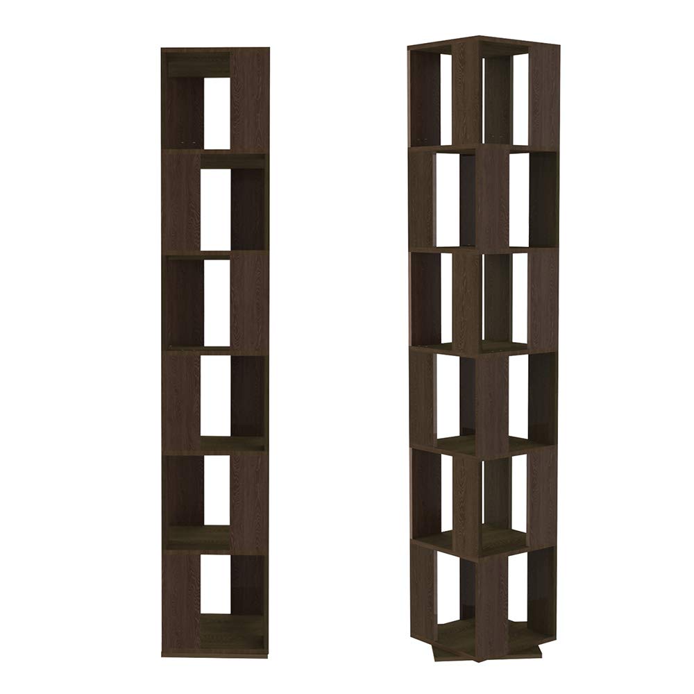 QIHANG-US 6-Tier Rotating Wooden Bookcase in Black Walnut – Modern Floor Standing Shelf for Home and Office QIHANG-US