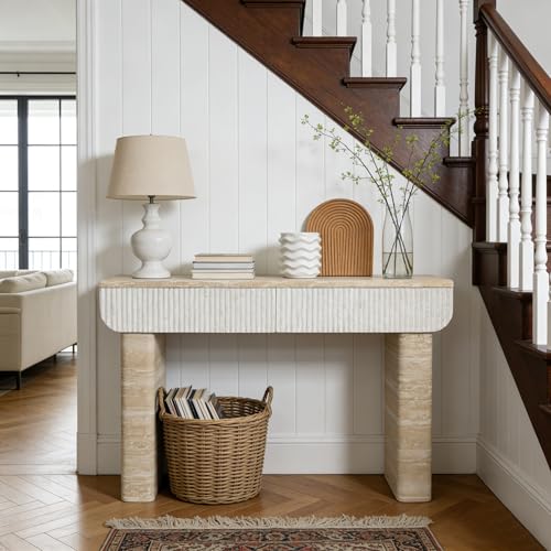 Mcltopz 47.2" Faux Mars Marble Pattern Console Table with 2 Drawers, Skinny Long Sofa Table Behind Couch with Rounded Edges, Wooden Narrow Sofa Table Hall Table for Living Room Foyer Entrance, Marble Mcltopz