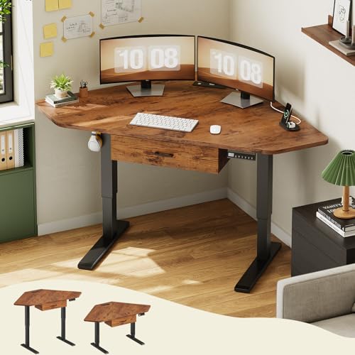 SEDETA Corner Electric Standing Desk, 32'' Small Height Adjustable Computer Desk with Drawer for Gaming, Small Space, Stand up Home Office Writing Desk, Rustic Brown SEDETA