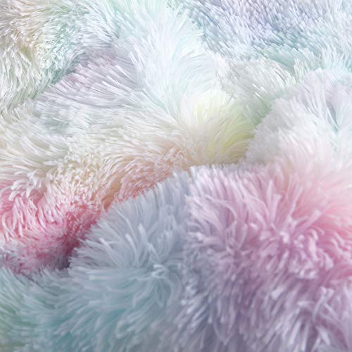 Wajade Faux Fur Plush Rainbow Comforter Set Fluffy Fuzzy Shaggy Bedding Set - 3PC Full Size Microfiber Soft Warm Quilt Set Wajade
