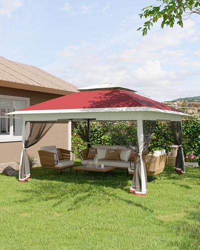 Canopy Tent 12x12 ft, Pop Up Gazebo One-Push Setup with 4 SandBags for Backyard Parties and BBQs, Mosquito Netting & Height Adjustable - Red GarveeLife