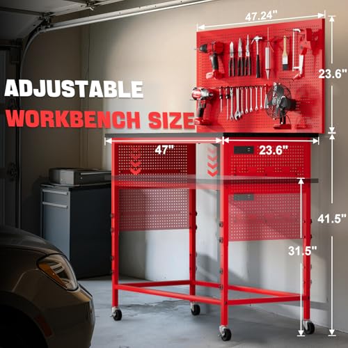 Work Bench, Ferreteriai 47" Heavy Duty Workbench with Power Outlet & USB-C, Exclusive Red Side Battery Holder, Adjustable Height, 2100LB Capacity, Locking Wheels for Garage Workshop Ferreteriai