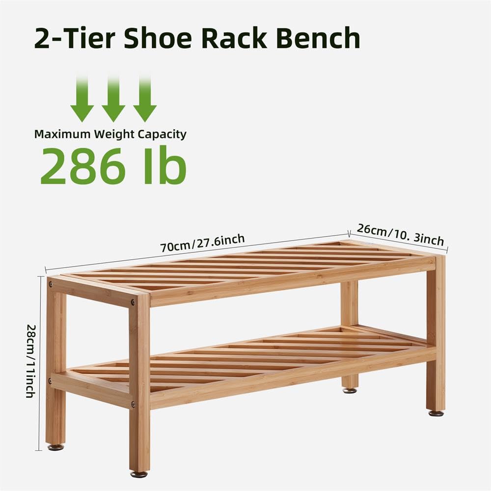Flyxiregg 2-Tier Bamboo Shoe Rack Bench, Stackable Shoe Storage Bench Organizer Free Standing Shoe Shelf for Entryway and Closet Hallway, Bamboo Rack in Different Combinations, 27.6"x10.3"x11" (Wood) Flyxiregg
