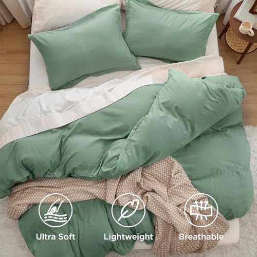 Bedsure Sage Green Duvet Cover Queen Size - 3 Pieces Prewashed Cotton-Like Polyester Extra Soft Bedding Set, Includes 1 Duvet Cover 90x90 Inches with Zipper Closure & 2 Pillow Shams, No Comforter Bedsure