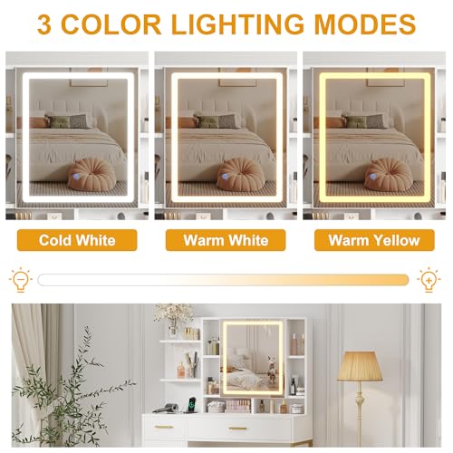 IDEALHOUSE Vanity Desk with Mirror and Lights, 42.5" Makeup Vanity Set with Stool, Makeup Table with Mirror Cabinet and Chair, Drawers & Shelves, Dressing Table with Outlet for Bedroom, White IDEALHOUSE