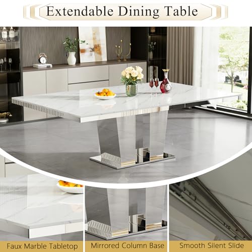 Goujxcy 11-Piece Extendable Dining Table Set for 10, 63-94.5" Faux Marble Kitchen Table Set with 10 Grey Tufted Chairs, Modern Expandable Dining Room Table for 6 8 10 with Mirrored Dual Column Base Goujxcy