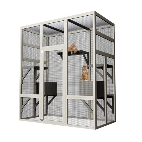 70" Large Outdoor Catio Cat Enclosure, Wood Cat Patio with Waterproof UV-Resistant Roof, Cats Shelter with 5 Platforms and 2 Resting Box, and Secure Rust-Proof Wire for Backyard or Patio IDEALHOUSE