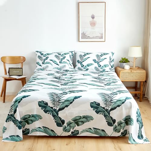 HENGWEITEXT Full Sheet Set, 4 Piece Bed Sheets for Full Size Bed Set, 17 Inch Sheets Deep Pocket, Soft and Breathable Microfiber, Wrinkle Free, Tropical Palm Tree Fronds Patterned Double Bedding HENGWEITEXT