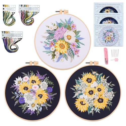 Silentsea Floral Embroidery Kit with Hoop, Sunflower Bouquet Pattern, 3 Designs, Beginner Cross Stitch Set
