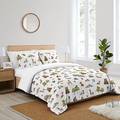 Sweet Jojo Designs Woodland Forest Animals Boy Girl Gender Neutral Unisex Queen Comforter Set Full Size Bedding Kids Teen Adult Bed Room 3pc Brown Bear Owl Animal Print Tree Deer Bunny Taupe Friends Sweet Jojo Designs