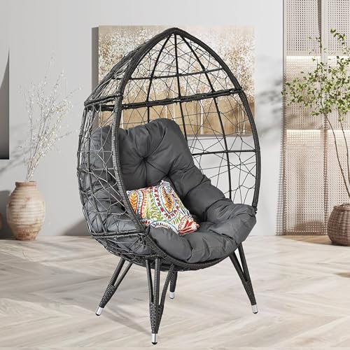 HLNPTN Patio Egg Chair Wicker Outdoor Egg Basket Chairs, Oversized Outdoor Furniture PE Rattan Patio Lounge Chair 440lb Capacity Sofa Seat with Stand & Gray Cushions for Indoor, Living Room, Backyard HLNPTN
