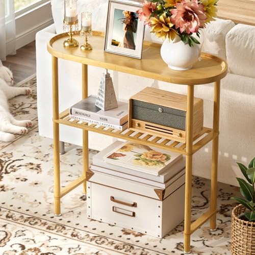 Small Entryway Table Bamboo 30.7", Narrow Hallway Table Oval Top 2-tier, Slim Console Table with Anti-fall Edge, Sofa Side Table 5min Easy Assembly, Small TV Stand for Bedroom, Indoor Plant Stand Atoping