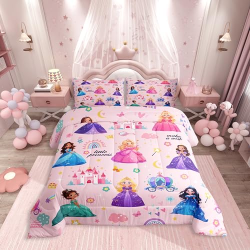 jejeloiu Kids Magical Princess Bedding Set Full Size Pink Castle Duvet Quilt for Boys Girls Teens Bedroom Decor Fairy Comforter Set Dreamy Breathable Soft Lightweight Microfiber 3Pcs jejeloiu