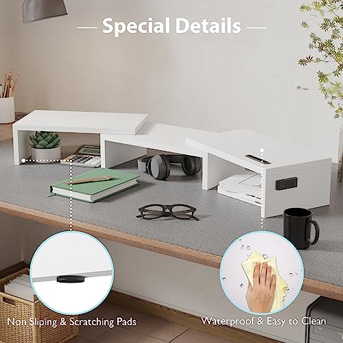 BONTEC Dual Monitor Stand Riser with Smartphone Holder, Adjustable Length & Swivel Angle Wooden Desktop Organizer Stand PC Riser for PC Monitor Laptop Printer, White BONTEC