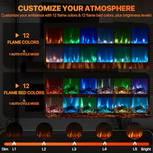 OneBlis 60” Smart Electric Fireplace Heater, Wide Recessed/Wall Mounted Electric Fireplace, Remote Control with Timer, 12 Adjustable Color Flame, Log Set & with Crystal Stone, 750/1500W OneBlis