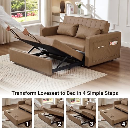 N NOORDENIYA 55'' Leather Sofa Bed, Pull Out Sleeper Sofa Couch Bed, Loveseat Sleeper, Futon Sofa Couch with Side Pocket, Convertible Sofa Bed for Living Room, Apartment, Bedroom, RV, Brown N NOORDENIYA
