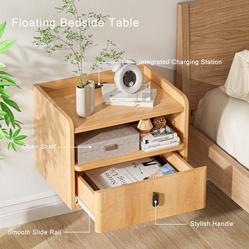GENGKHAN Floating Nightstand Set of 2, Modern Wall Mount Bedside Table with Drawer & Open Shelf, Space-Saving Night Stands with Charging Station, Natural Wood Finish for Bedroom GENGKHAN