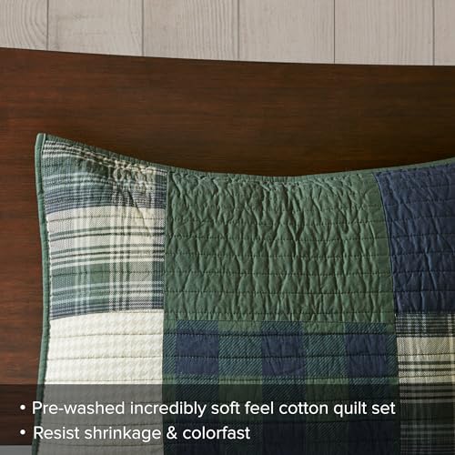 Woolrich Quilt Set Patchwork Channel Quilting, Cottege Coverlet for Twin Size Bed All Seasons, Lightweight Prewashed Cotton Coverlet Bedspread, Shams, Mill Creek, Oversized Twin/Twin XL Green 2 Piece Woolrich John Rich & Bros.