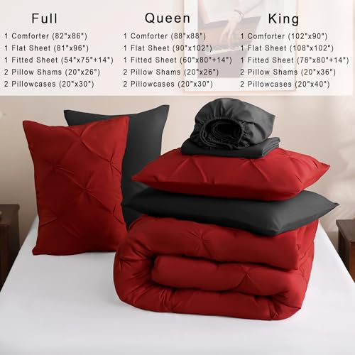 DOWNCOOL 7 Pieces Red and Black King Size Comforter Set, Pintuck Pinch Pleat Bed in a Bag, Soft Microfiber All Season Bedding Set for Bedroom with Sheets, Pillowcases & Shams DOWNCOOL