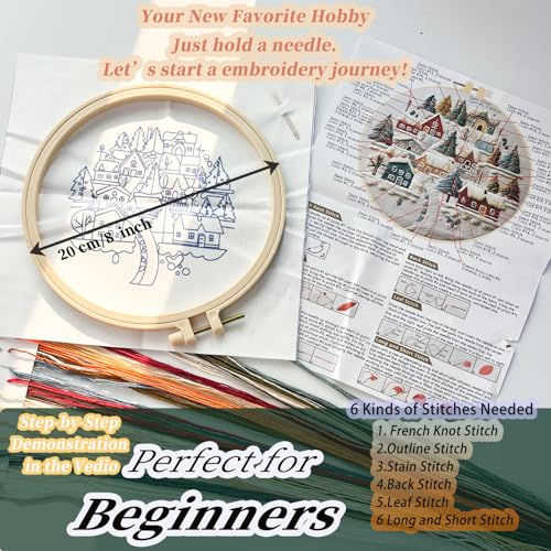 FONNUY Crewel Christmas Embroidery Kit for Beginners, Cross Stitch Set Winter Snow Scene Pine Owl Pattern for Adults, Easy to Follow Color Thread Needlework, 8'' Hoop (Tree and House 1)