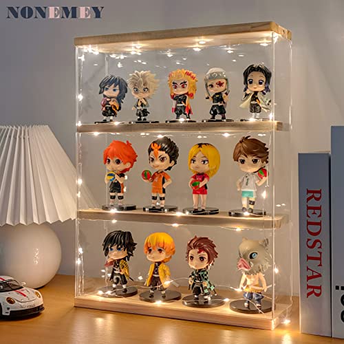 NONEMEY Clear Acrylic Display Case Stand with Wood Base 2 Tier、3 Tier、12/24 Compartments Storage Box Wall Mount Showcase Dustproof Organizer Box for NONEMEY