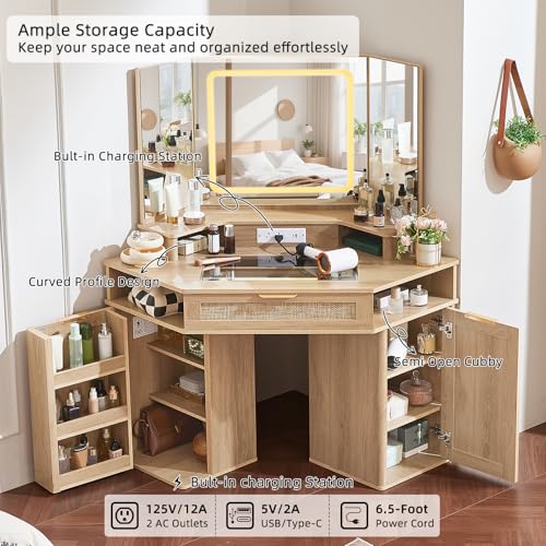 Lerliuo Corner Vanity Desk with 3 Way Mirror and Lights, 46'' Rattan Makeup Vanity with Glass Top Drawer, Natural Wood Make Up Storage Cabinets with Charger for Bedroom Lerliuo
