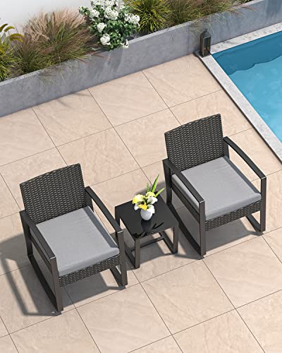 Aiho 3 Pieces Patio Furniture Set, Outdoor Wicker Furniture Set, Modern Rattan Rocking Chair Set with Coffee Table for Yard, Balcony, Poolside, Porch, Grey Aiho