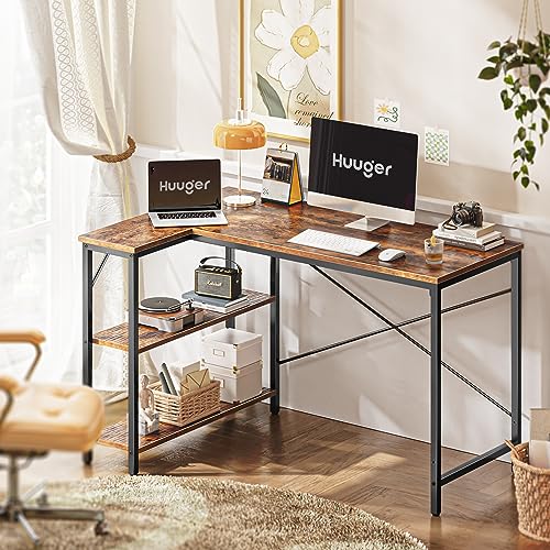 Huuger L Shaped Computer Desk with Reversible Storage Shelves, Gaming Corner Desk for Home Office, Writing Study Desk with Metal Frame, Rustic Brown Huuger