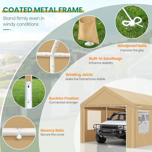 COBIZI Carport Canopy 12x20 Heavy Duty Portable Garage with Removable Sidewalls & Doors, Car Port Canopy Tent with Built-in Sandbags & All-Season Tarp for Car Boat Truck, Khaki COBIZI