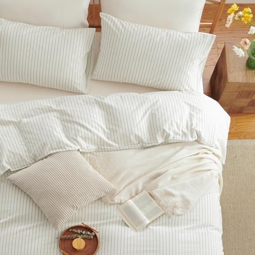 Nayoroom Striped Duvet Cover Queen Size 100% Washed Cotton White Brown Stripe Duvet Cover 3 Pieces Soft Breathable Girls Dorm Bedding Set for All Seasons, Yarn Dyed Process Nayoroom