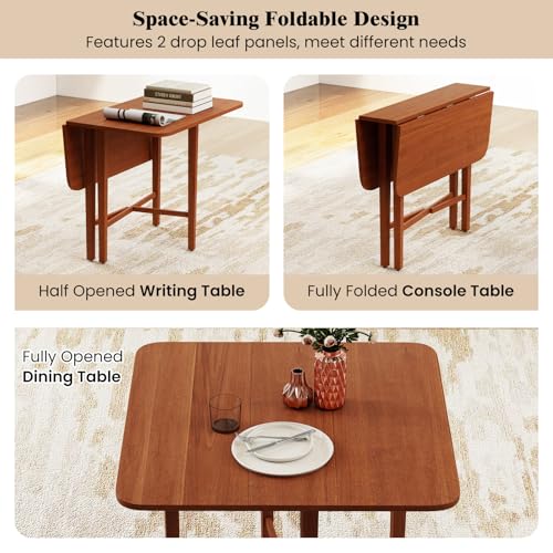 COSTWAY Square Drop Leaf Dining Table, 36" Compact Folding Kitchen Table for 2-4 People with Solid Rubber Wood Legs, Farmhouse Extendable Table for Dining Room, Small Space, Apartment, Walnut COSTWAY