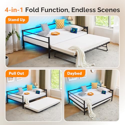 VINGLI Metal Twin Daybed with Pop Up Trundle Bed, Day Bed Frame with Charging Station and LED Lights for Living Room Guest Room or Bedroom, Black Daybed with Steel Slats for Adults, Teens and Kids VINGLI