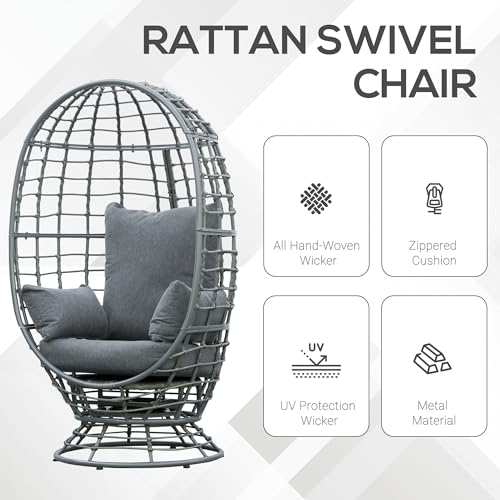 Outsunny Wicker Egg Chair, 360 Rotating Indoor Outdoor Boho Basket Seat with Cushion and Pillows for Backyard, Porch, Patio, Garden, Handwoven All-Weather PE Rattan, Steel Frame, Gray Outsunny